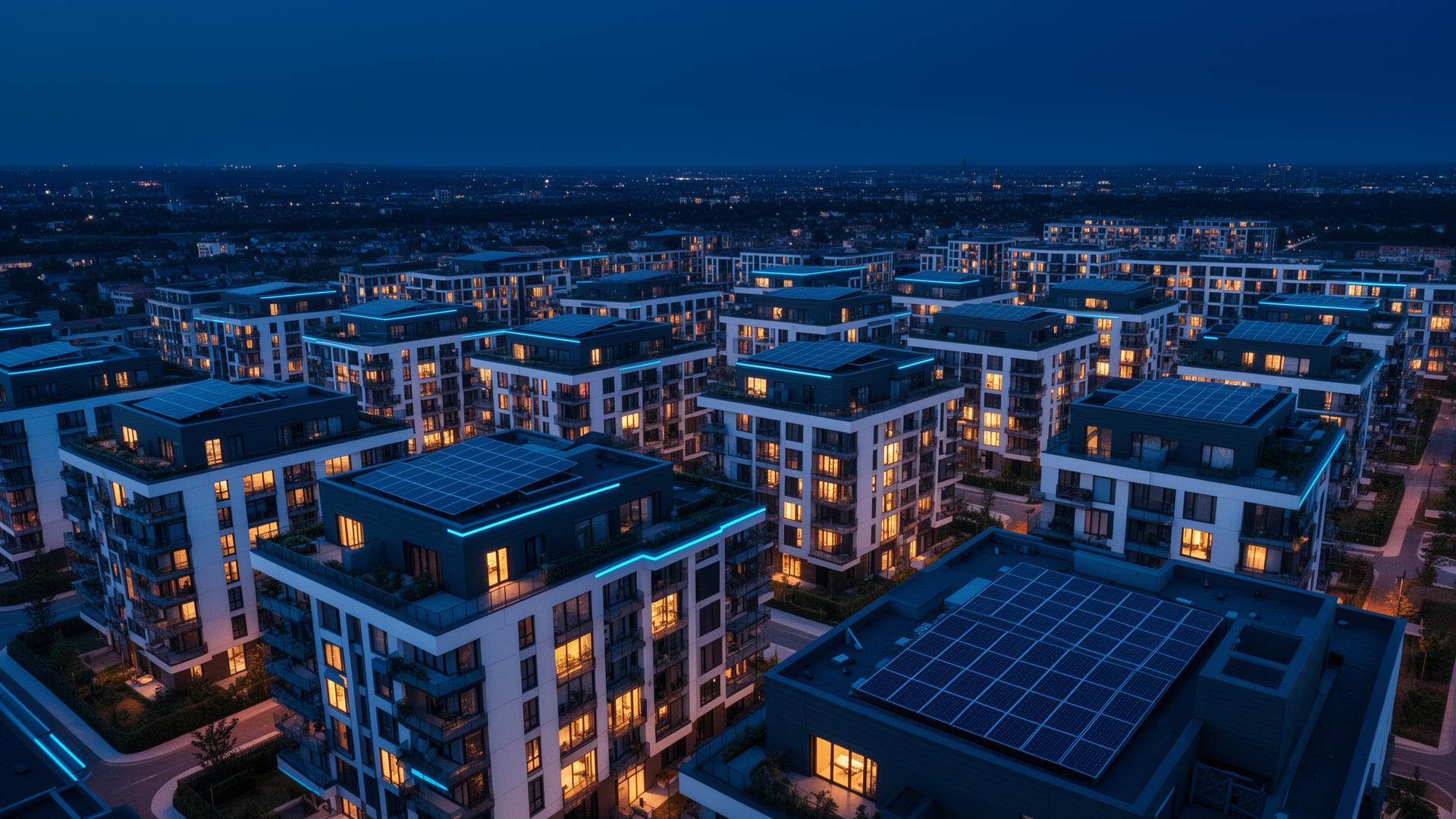 Città sostenibile con edifici efficienti e pannelli fotovoltaici